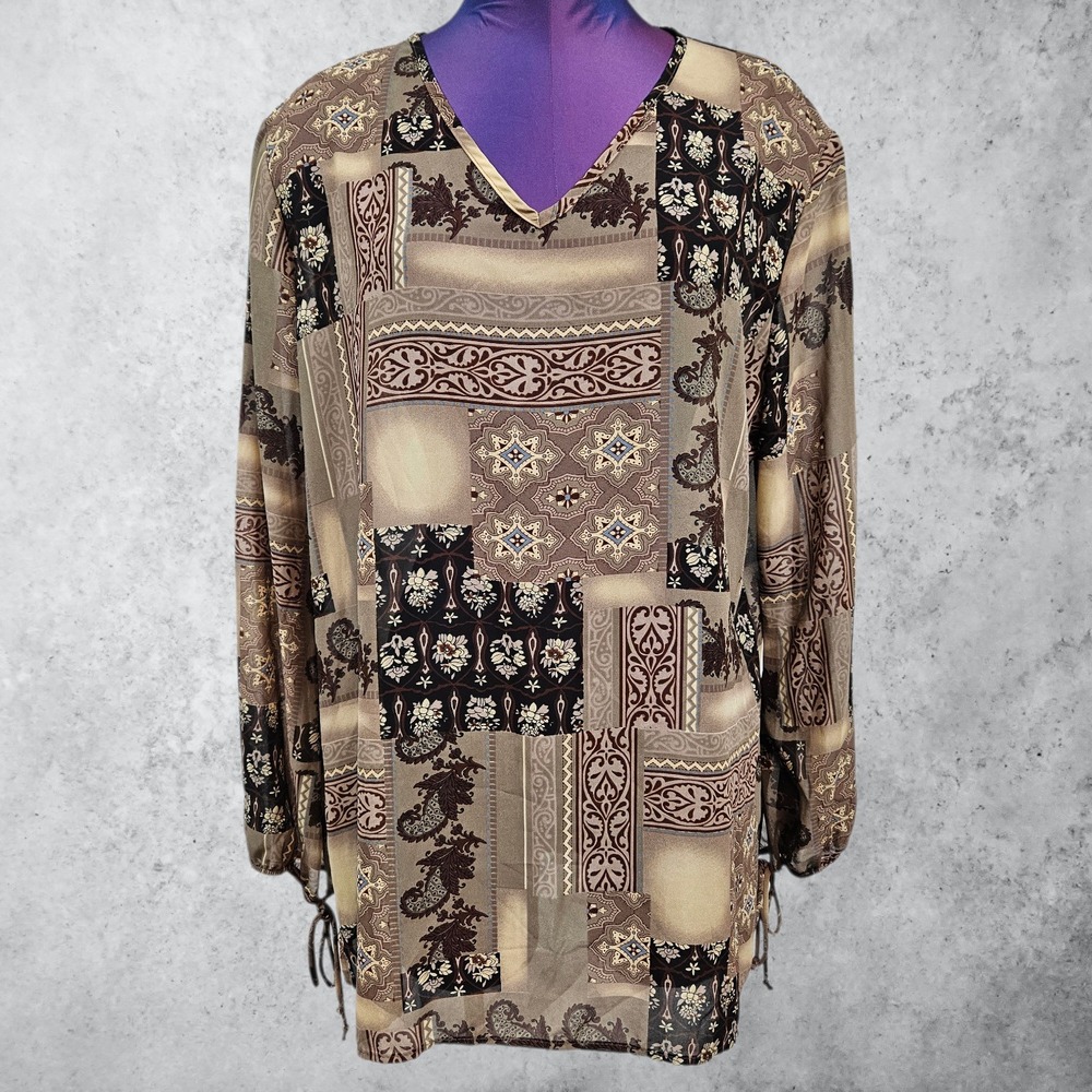 Vintage RAG Patchwork Paisley V-Neck Chiffon Blouse Boho 1X Made in USA A30